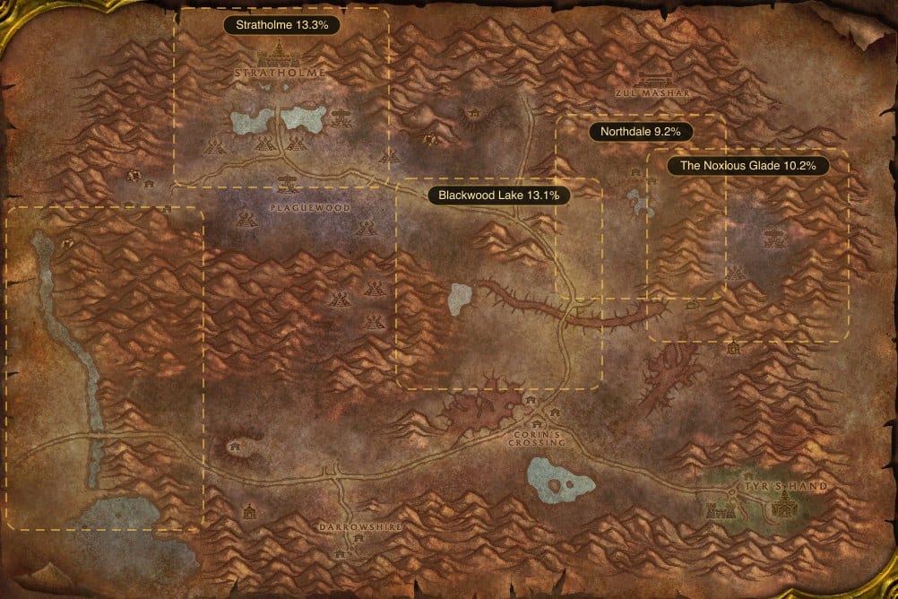 Map of Eastern Plaguelands showing where to fish Plated Armorfish: 5 named stretches of water