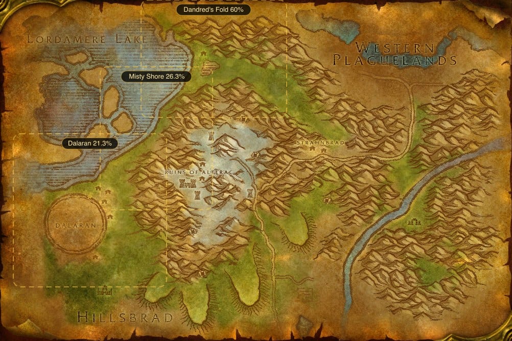 Map of Alterac Mountains showing where to fish Raw Brilliant Smallfish: 3 named stretches of water