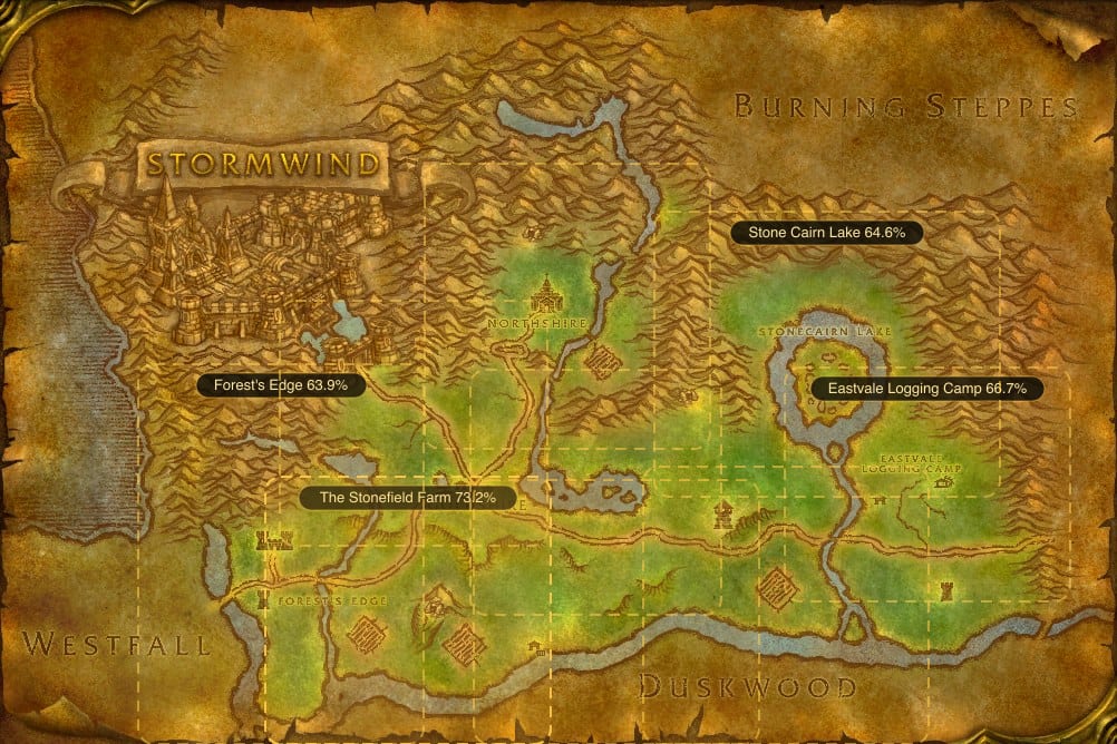 Map of Elwynn Forest showing where to fish Raw Brilliant Smallfish: 11 named stretches of water