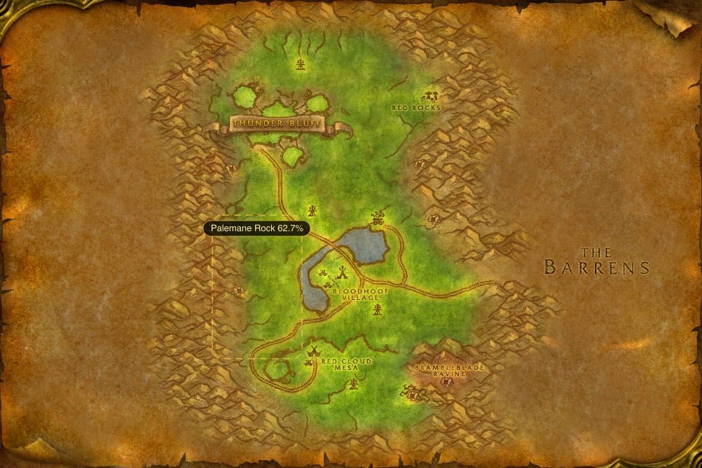 Map of Mulgore showing where to fish Raw Brilliant Smallfish: one named stretch of water