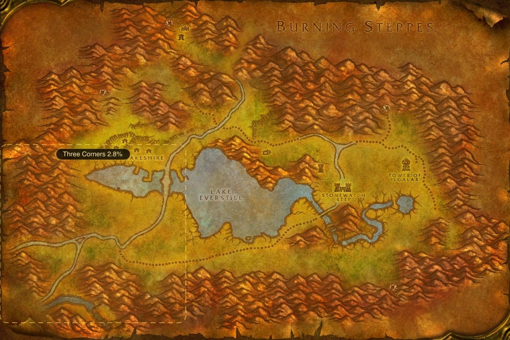 Map of Redridge Mountains showing where to fish Raw Brilliant Smallfish: one named stretch of water