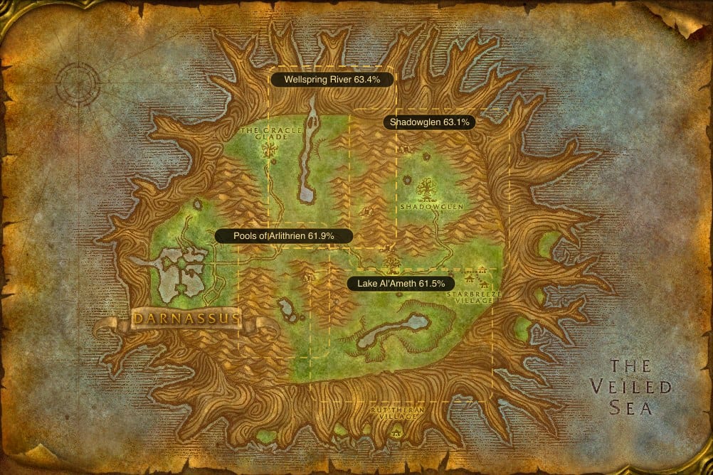 Map of Teldrassil showing where to fish Raw Brilliant Smallfish: 5 named stretches of water