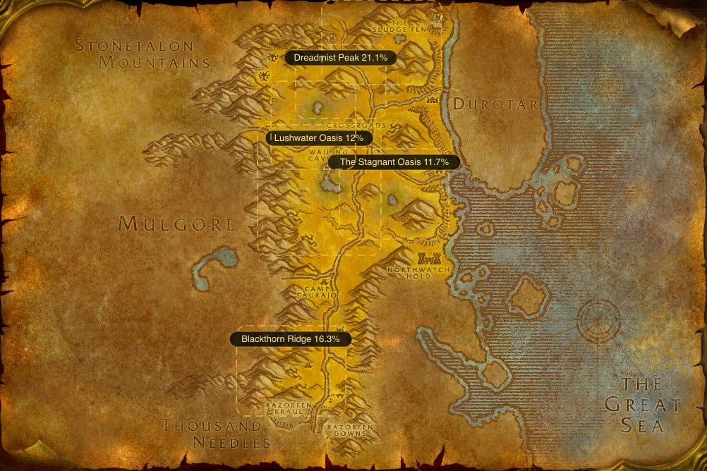 Map of The Barrens showing where to fish Raw Brilliant Smallfish: 6 named stretches of water