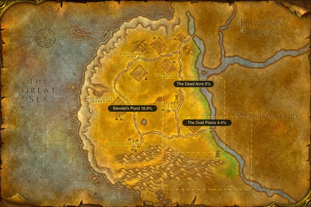 Map of Westfall showing where to fish Raw Brilliant Smallfish: 3 named stretches of water