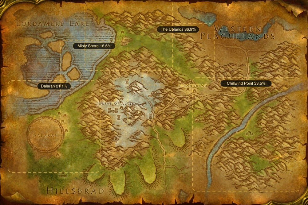Map of Alterac Mountains showing where to fish Raw Bristle Whisker Catfish: 5 named stretches of water