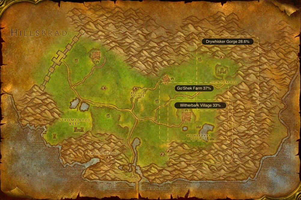 Map of Arathi Highlands showing where to fish Raw Bristle Whisker Catfish: 3 named stretches of water