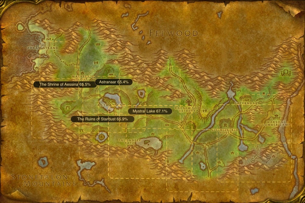 Map of Ashenvale showing where to fish Raw Bristle Whisker Catfish: 10 named stretches of water