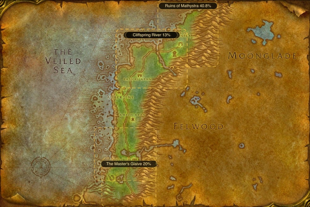 Map of Darkshore showing where to fish Raw Bristle Whisker Catfish: 5 named stretches of water