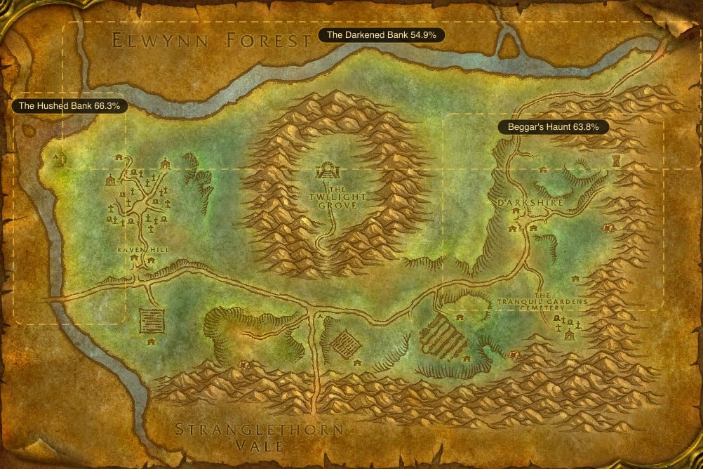 Map of Duskwood showing where to fish Raw Bristle Whisker Catfish: 3 named stretches of water