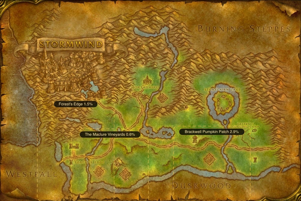 Map of Elwynn Forest showing where to fish Raw Bristle Whisker Catfish: 3 named stretches of water