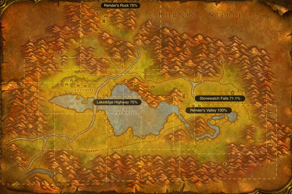 Map of Redridge Mountains showing where to fish Raw Bristle Whisker Catfish: 7 named stretches of water