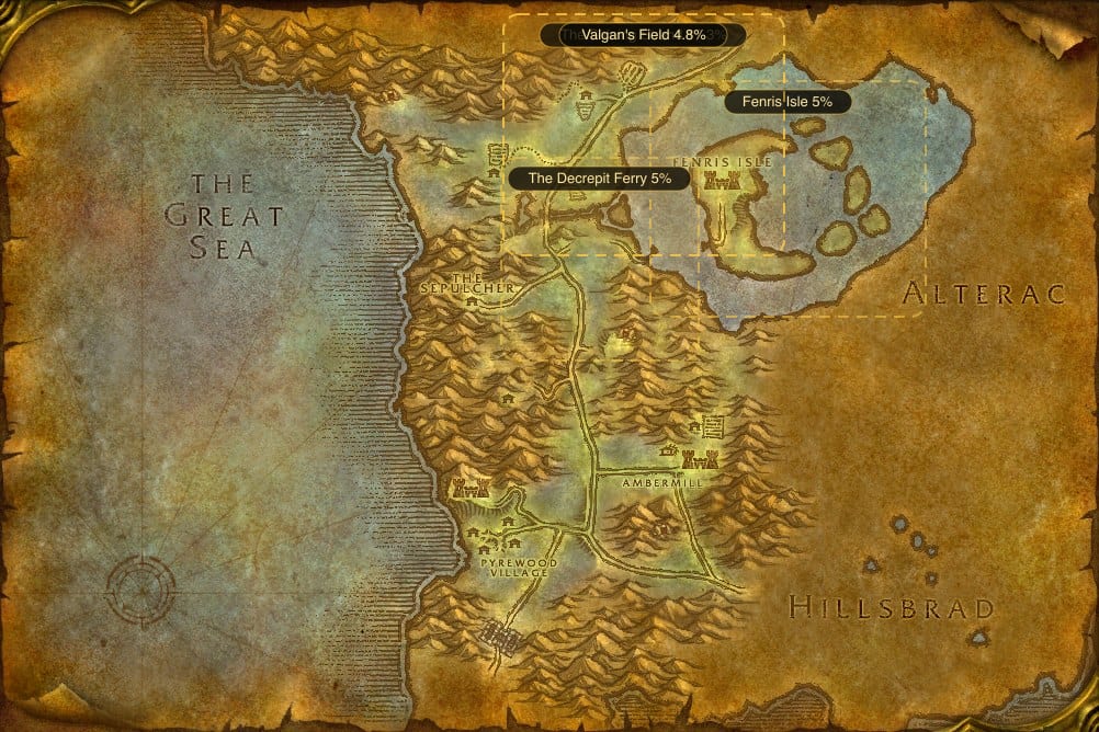 Map of Silverpine Forest showing where to fish Raw Bristle Whisker Catfish: 4 named stretches of water