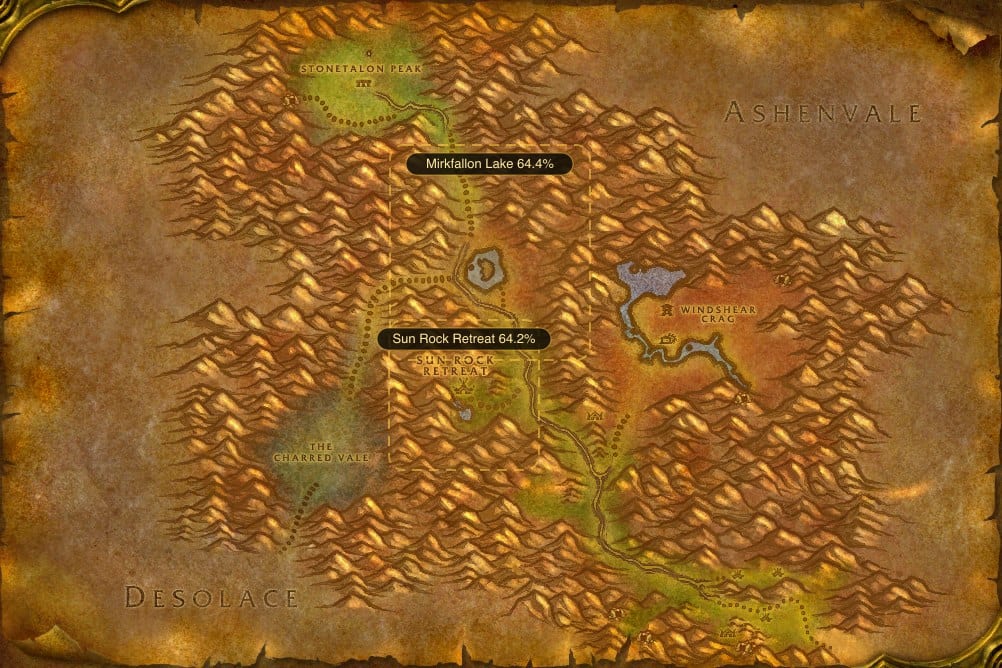 Map of Stonetalon Mountains showing where to fish Raw Bristle Whisker Catfish: 2 named stretches of water
