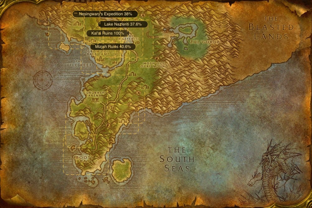 Map of Stranglethorn Vale showing where to fish Raw Bristle Whisker Catfish: 12 named stretches of water