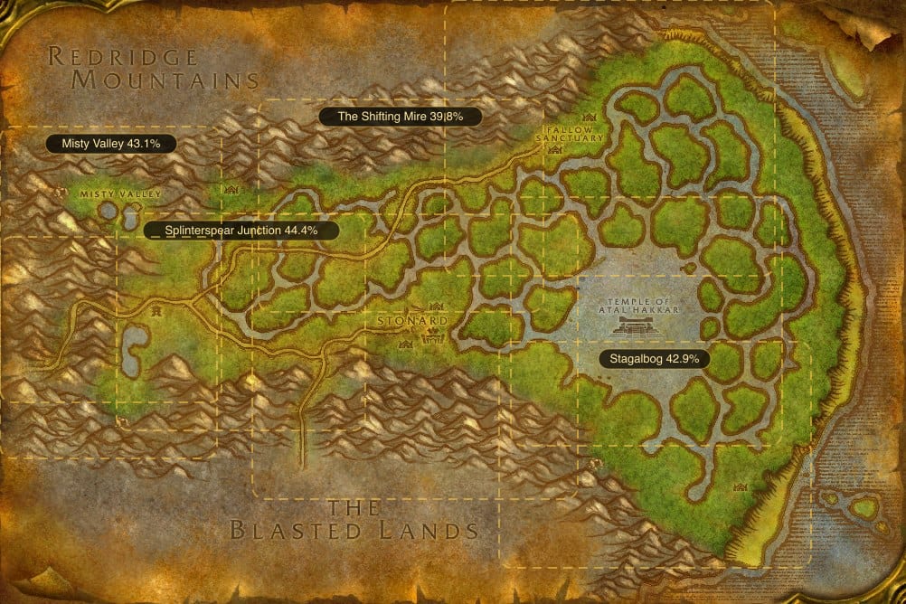Map of Swamp of Sorrows showing where to fish Raw Bristle Whisker Catfish: 8 named stretches of water