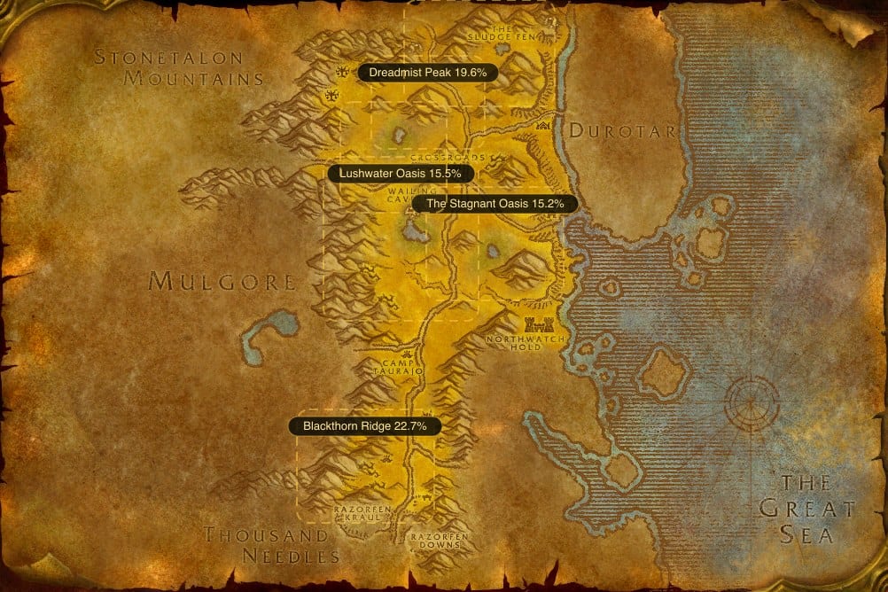 Map of The Barrens showing where to fish Raw Bristle Whisker Catfish: 6 named stretches of water