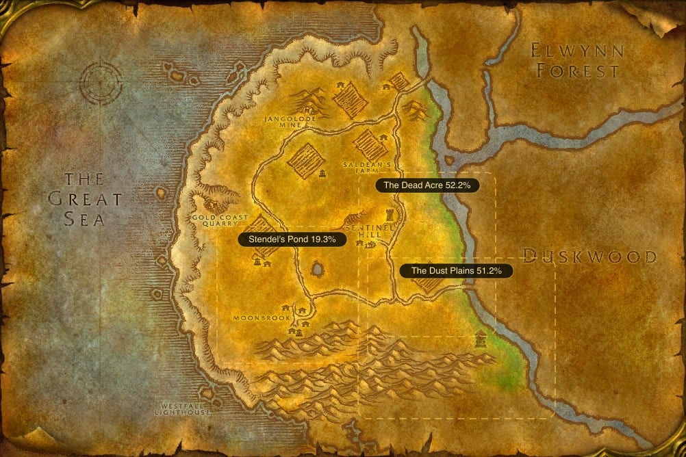 Map of Westfall showing where to fish Raw Bristle Whisker Catfish: 3 named stretches of water