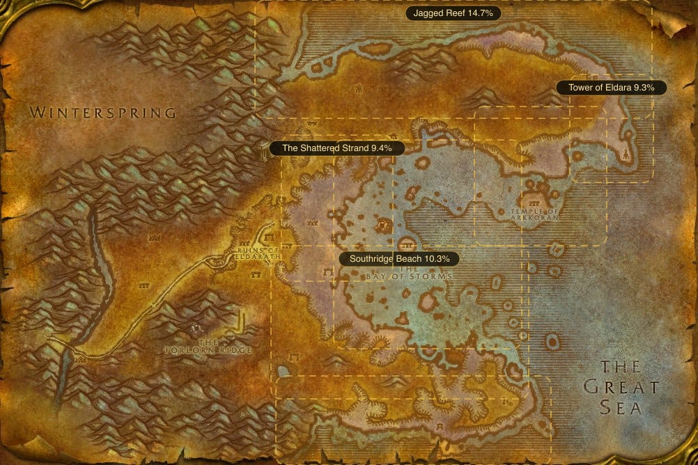 Map of Azshara showing where to fish Raw Glossy Mightfish: 7 named stretches of water