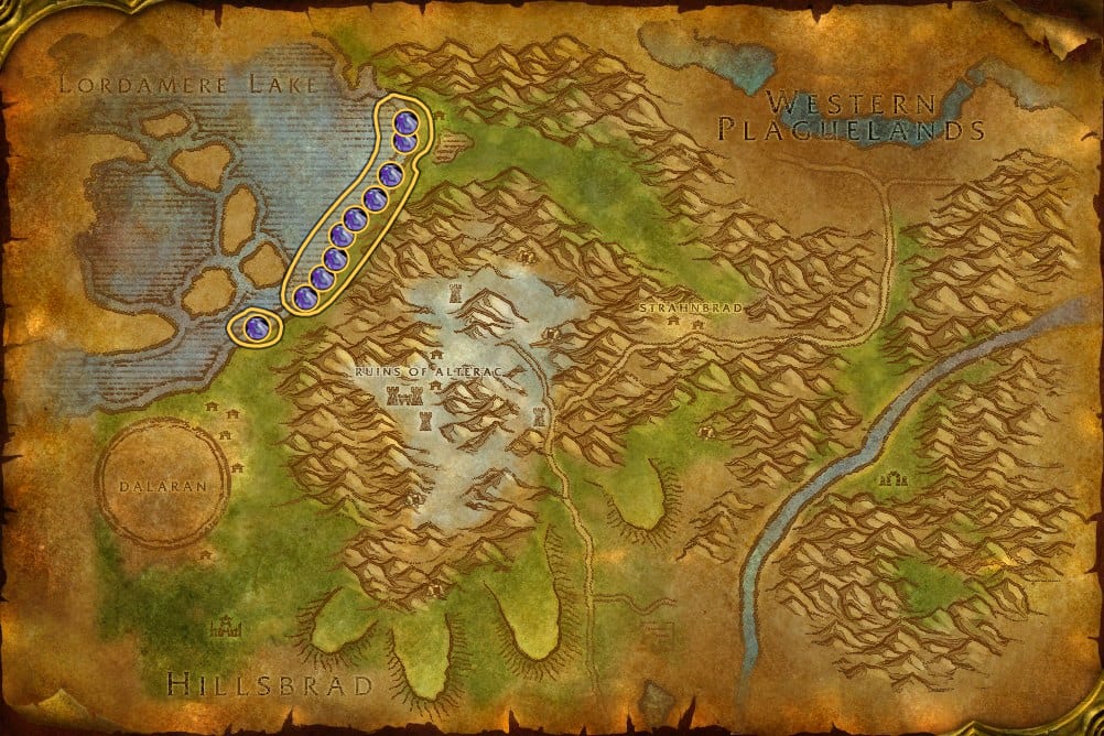 Map of Alterac Mountains showing where to fish Raw Greater Sagefish: 12 fishing pools