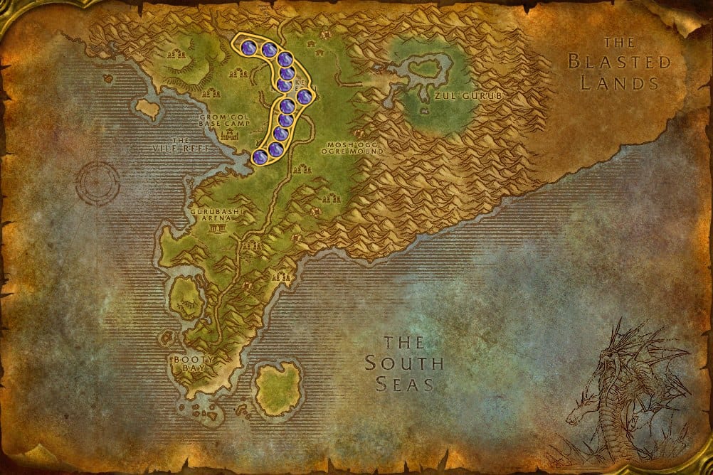 Map of Stranglethorn Vale showing where to fish Raw Greater Sagefish: 28 fishing pools