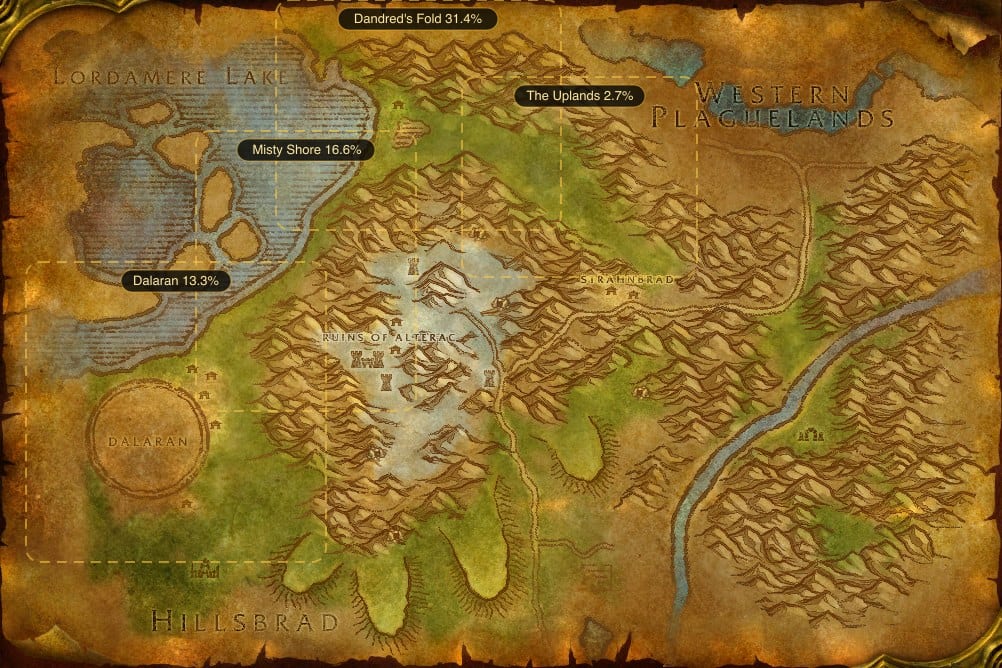 Map of Alterac Mountains showing where to fish Raw Longjaw Mud Snapper: 4 named stretches of water