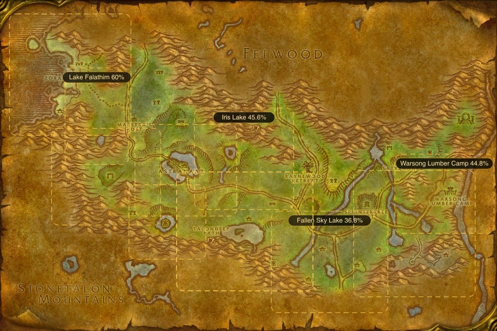 Map of Ashenvale showing where to fish Raw Longjaw Mud Snapper: 11 named stretches of water