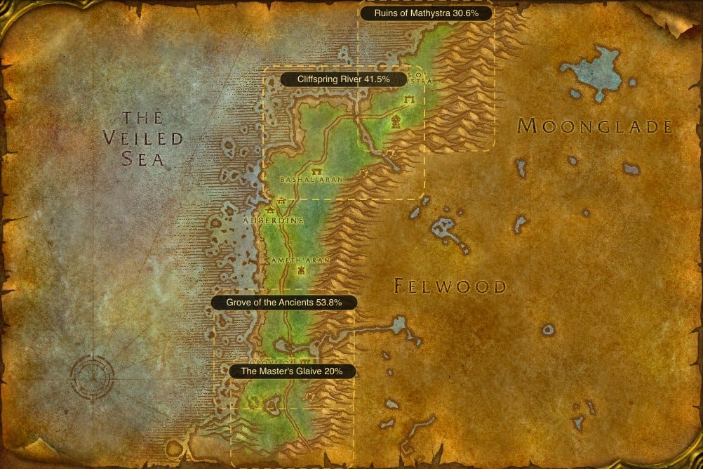 Map of Darkshore showing where to fish Raw Longjaw Mud Snapper: 5 named stretches of water