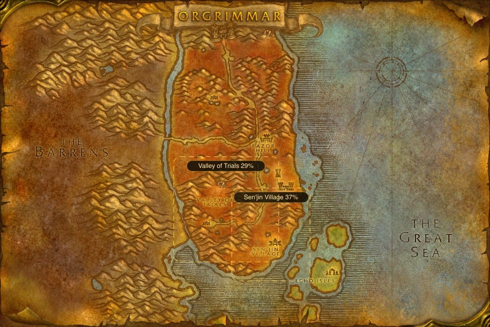 Map of Durotar showing where to fish Raw Longjaw Mud Snapper: 2 named stretches of water