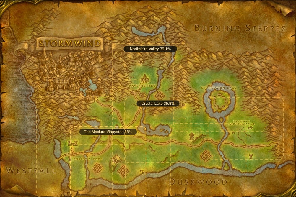 Map of Elwynn Forest showing where to fish Raw Longjaw Mud Snapper: 11 named stretches of water