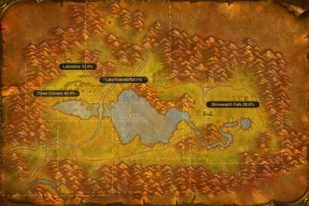 Map of Redridge Mountains showing where to fish Raw Longjaw Mud Snapper: 6 named stretches of water