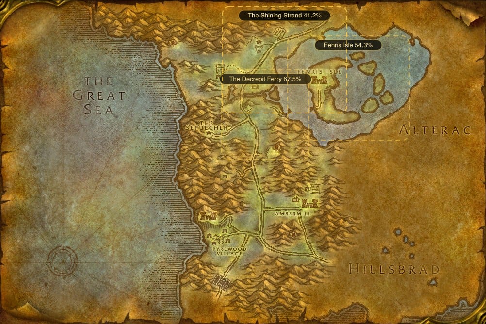 Map of Silverpine Forest showing where to fish Raw Longjaw Mud Snapper: 4 named stretches of water