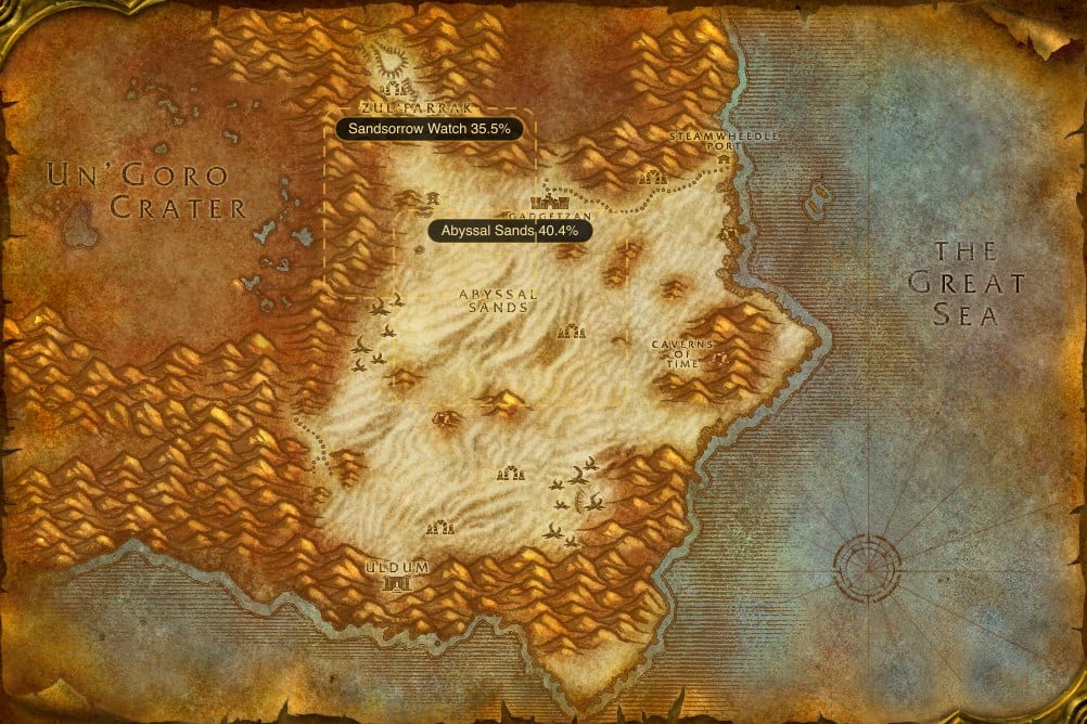 Map of Tanaris showing where to fish Raw Longjaw Mud Snapper: 2 named stretches of water