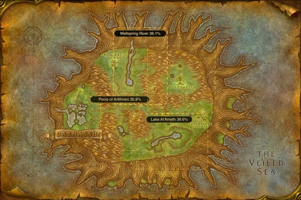 Map of Teldrassil showing where to fish Raw Longjaw Mud Snapper: 5 named stretches of water