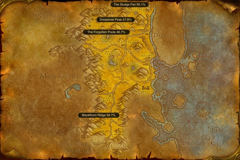 Map of The Barrens showing where to fish Raw Longjaw Mud Snapper: 6 named stretches of water