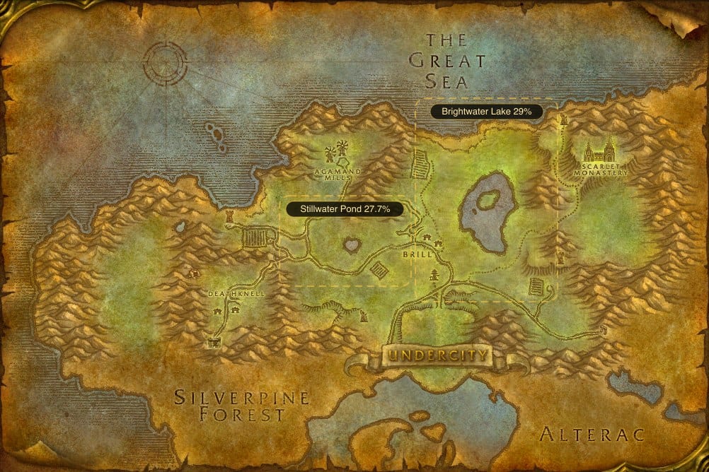 Map of Tirisfal Glades showing where to fish Raw Longjaw Mud Snapper: 2 named stretches of water