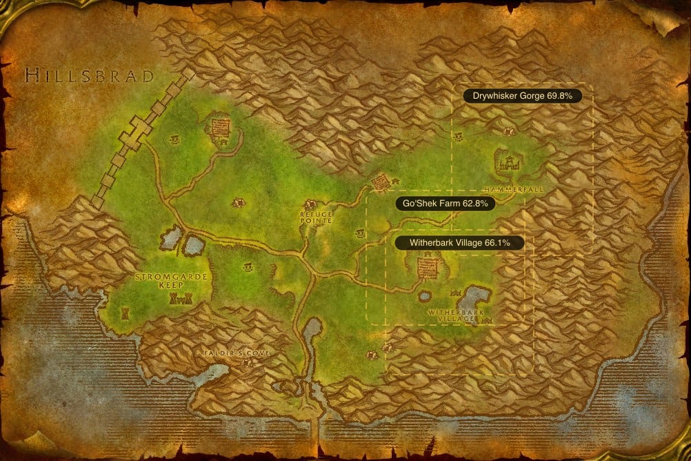 Map of Arathi Highlands showing where to fish Raw Mithril Head Trout: 3 named stretches of water