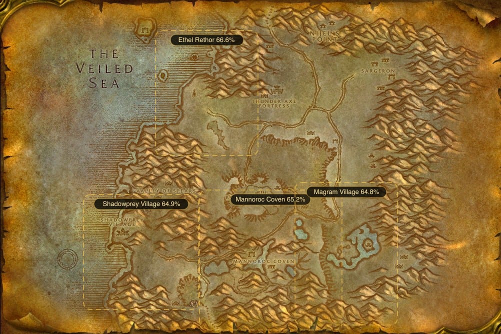 Map of Desolace showing where to fish Raw Mithril Head Trout: 4 named stretches of water