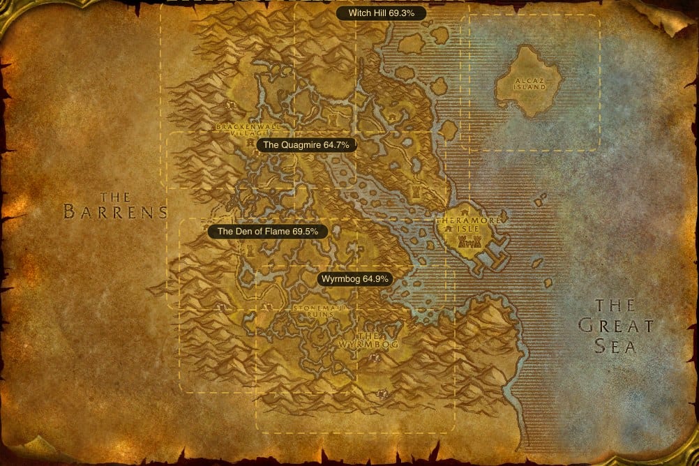 Map of Dustwallow Marsh showing where to fish Raw Mithril Head Trout: 6 named stretches of water
