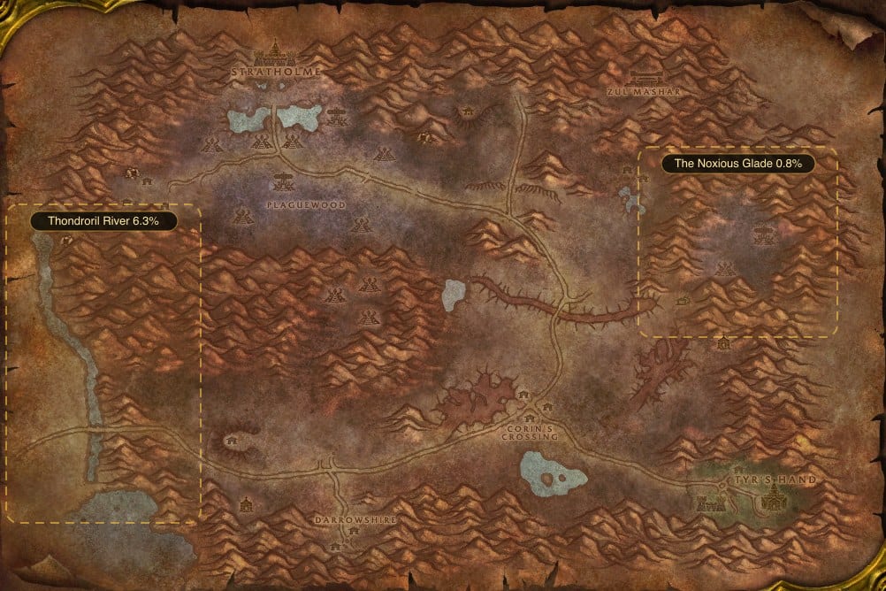 Map of Eastern Plaguelands showing where to fish Raw Mithril Head Trout: 2 named stretches of water