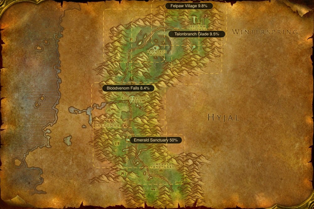 Map of Felwood showing where to fish Raw Mithril Head Trout: 7 named stretches of water