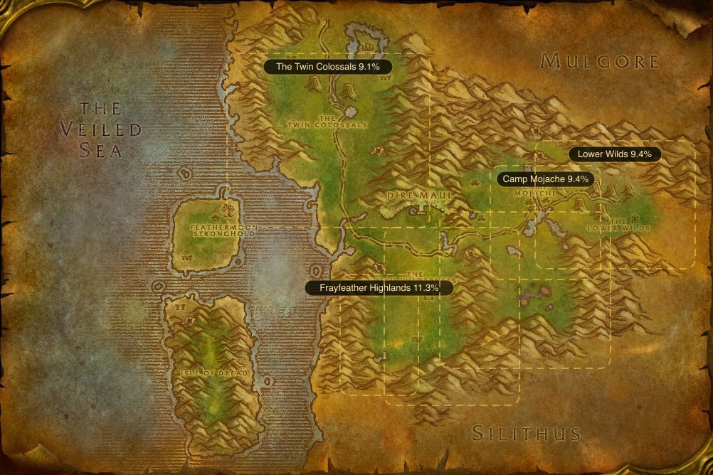 Map of Feralas showing where to fish Raw Mithril Head Trout: 6 named stretches of water