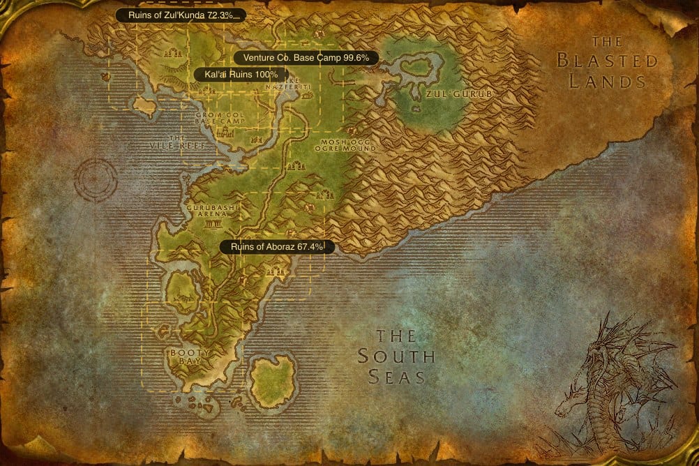 Map of Stranglethorn Vale showing where to fish Raw Mithril Head Trout: 12 named stretches of water