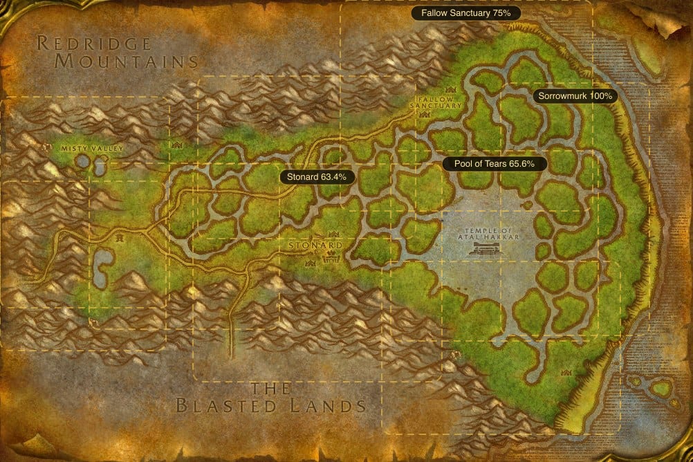 Map of Swamp of Sorrows showing where to fish Raw Mithril Head Trout: 9 named stretches of water
