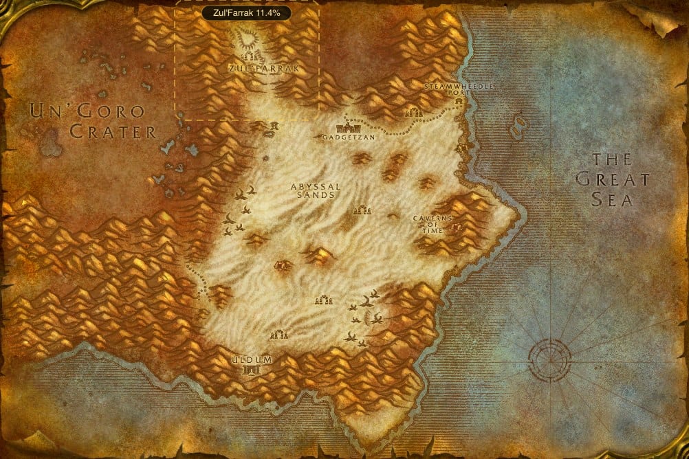 Map of Tanaris showing where to fish Raw Mithril Head Trout: one named stretch of water