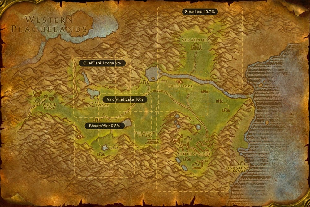 Map of The Hinterlands showing where to fish Raw Mithril Head Trout: 7 named stretches of water