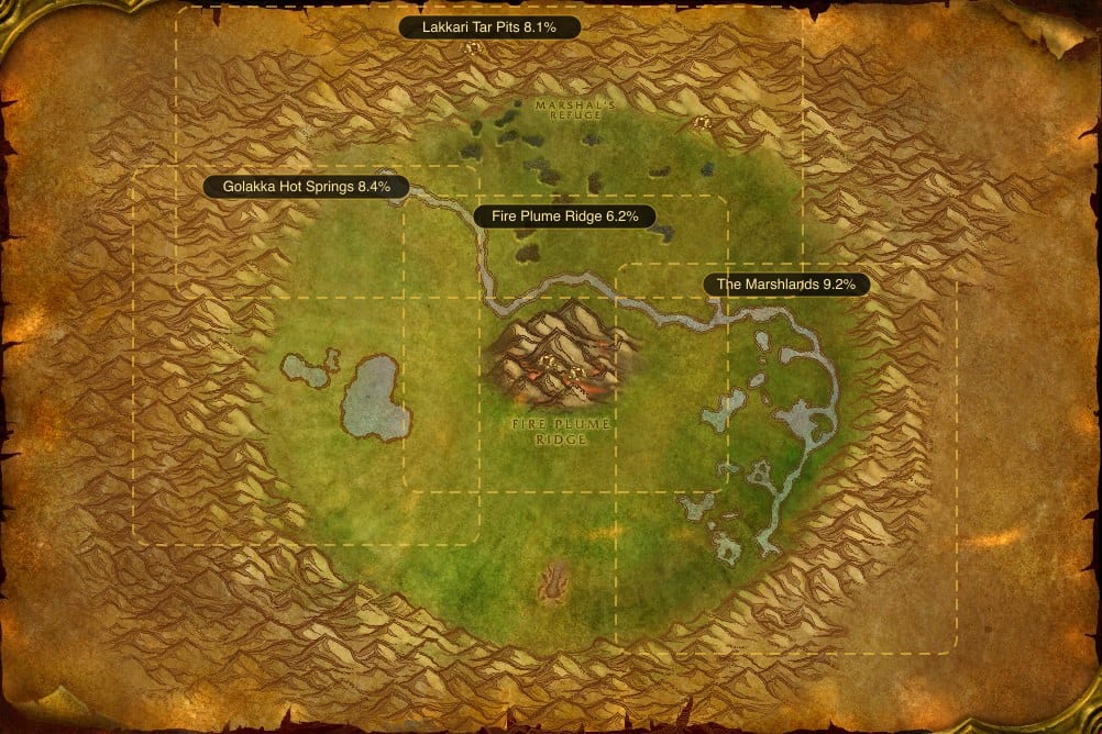 Map of Un'Goro Crater showing where to fish Raw Mithril Head Trout: 4 named stretches of water
