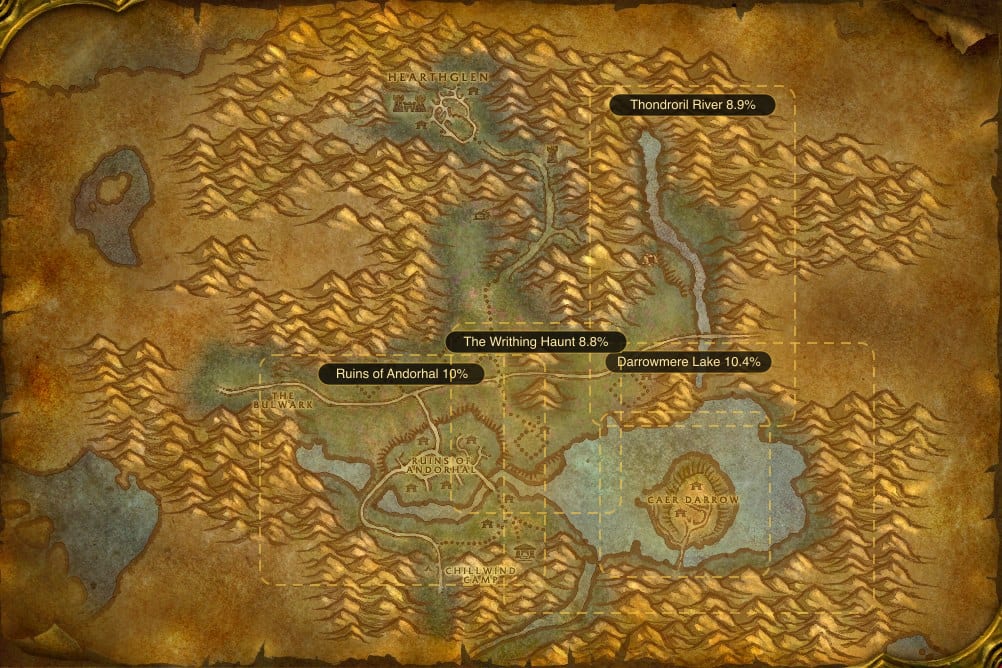 Map of Western Plaguelands showing where to fish Raw Mithril Head Trout: 5 named stretches of water