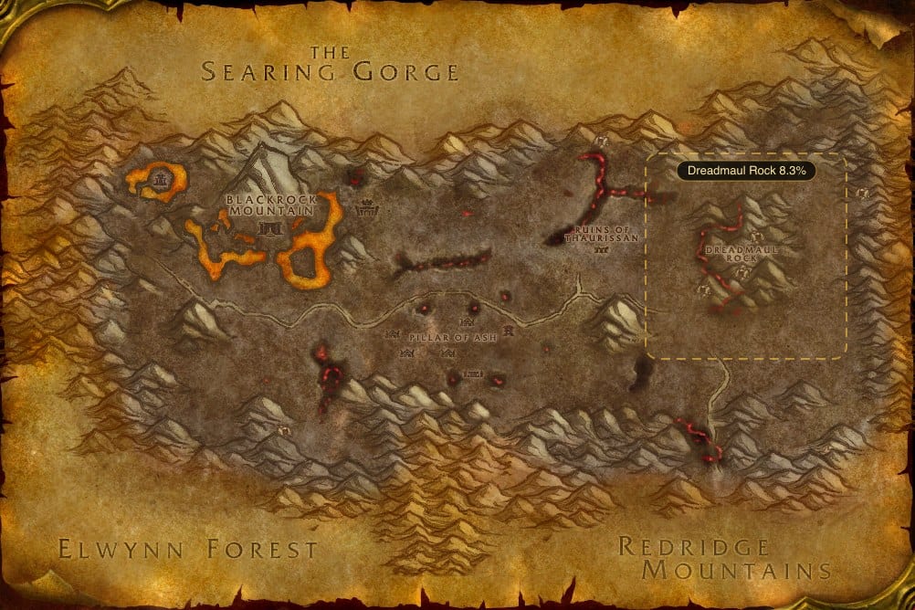 Map of Burning Steppes showing where to fish Raw Nightfin Snapper: one named stretch of water