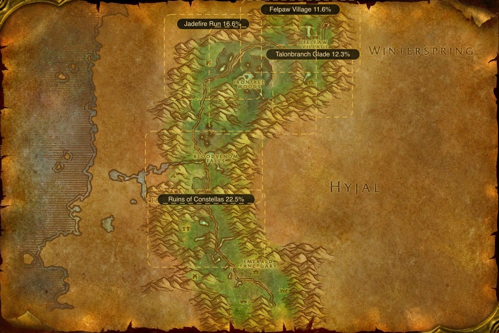 Map of Felwood showing where to fish Raw Nightfin Snapper: 6 named stretches of water