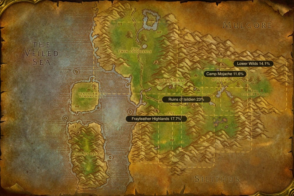 Map of Feralas showing where to fish Raw Nightfin Snapper: 6 named stretches of water